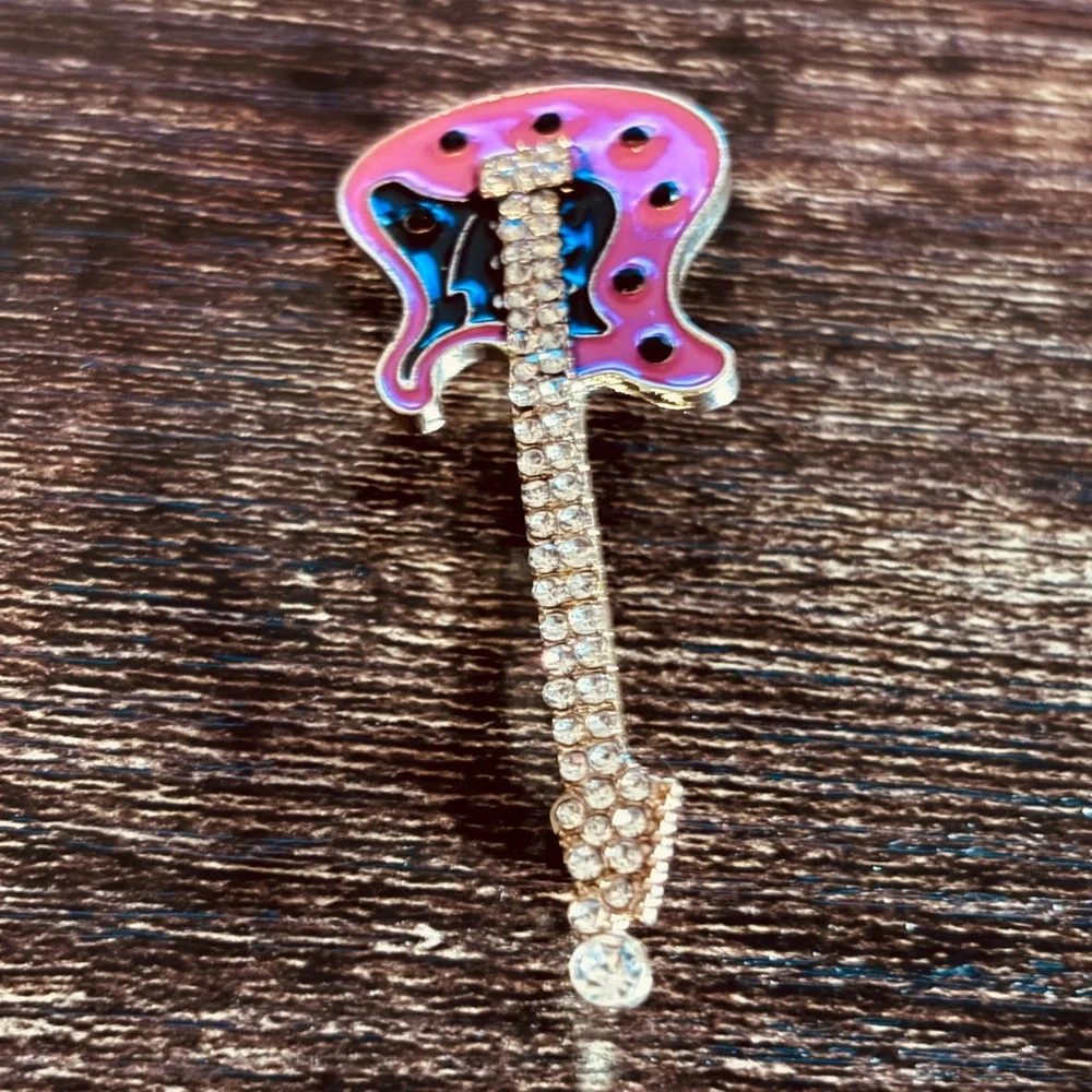 Pink Electric Guitar Brooch Rhinestone Enamel Rock Star Pin Gold Tone Accessory